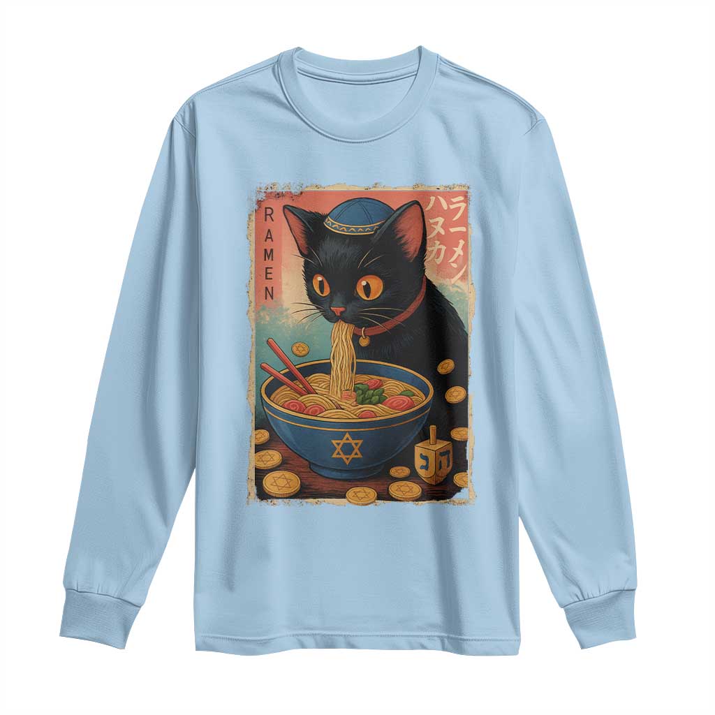 Cat Ramen Hanukkah Long Sleeve Shirt Japanese Kawaii Anime Chanukah Cat TS11 Light Blue Print Your Wear