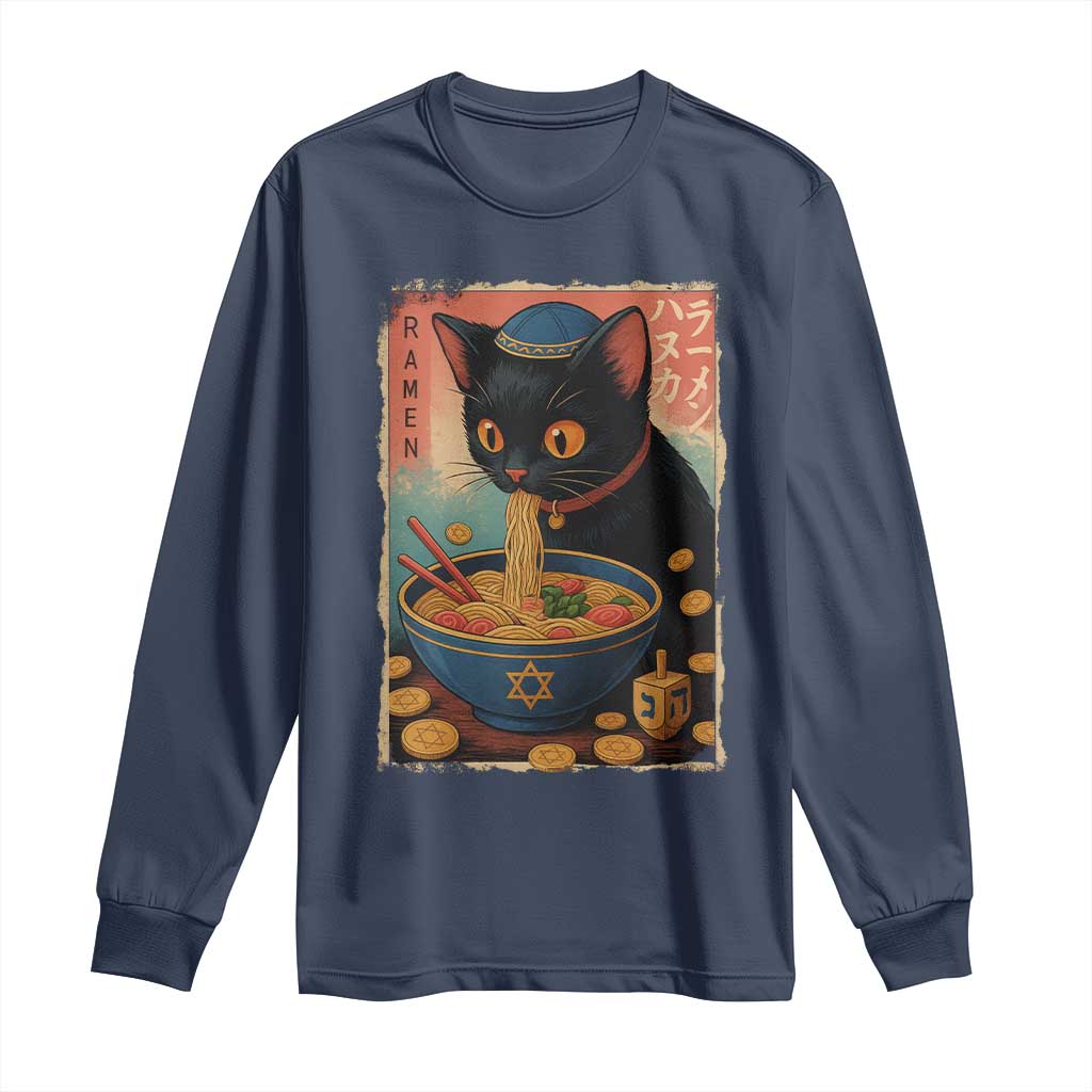 Cat Ramen Hanukkah Long Sleeve Shirt Japanese Kawaii Anime Chanukah Cat TS11 Navy Print Your Wear