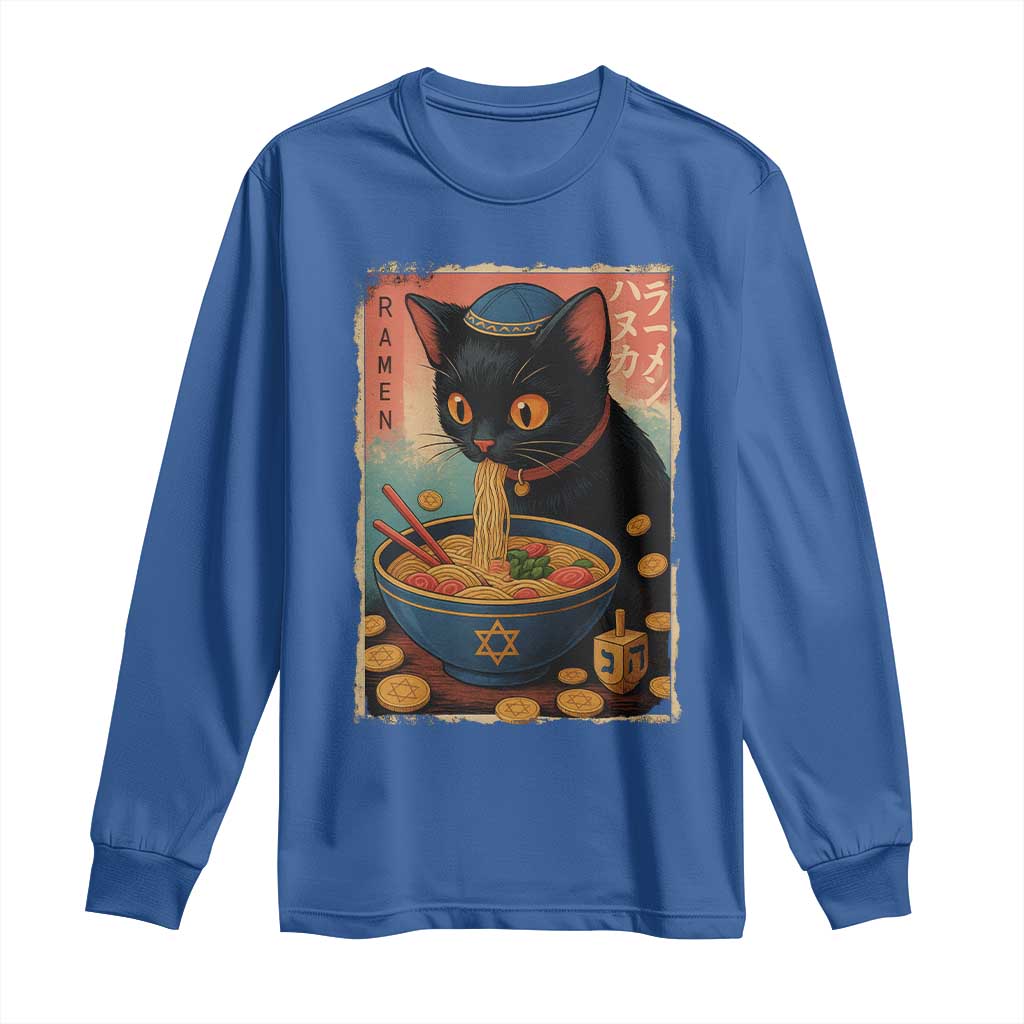 Cat Ramen Hanukkah Long Sleeve Shirt Japanese Kawaii Anime Chanukah Cat TS11 Royal Blue Print Your Wear