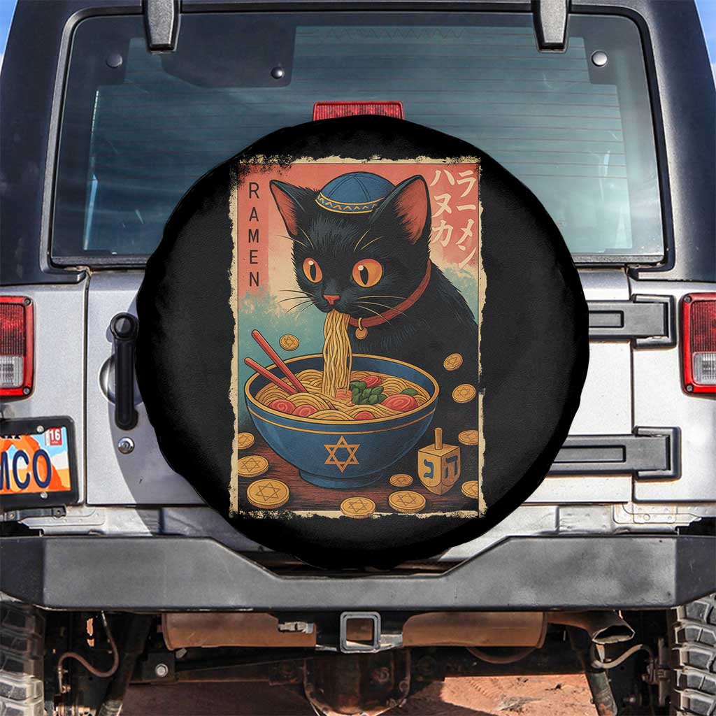 Cat Ramen Hanukkah Spare Tire Cover Japanese Kawaii Anime Chanukah Cat TS11 No hole Black Print Your Wear