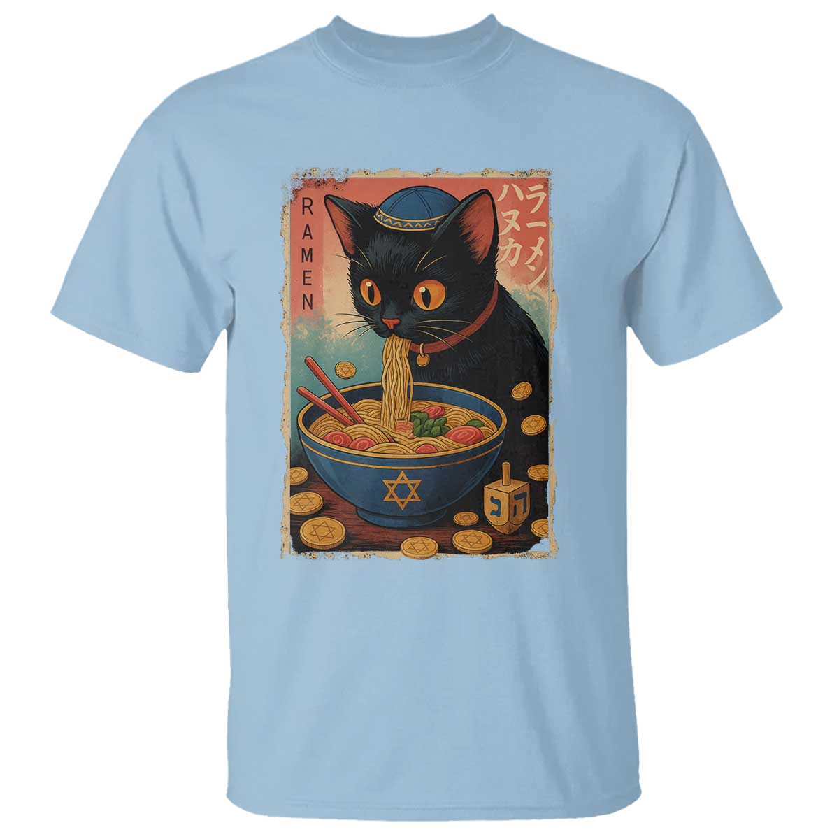 Cat Ramen Hanukkah T Shirt Japanese Kawaii Anime Chanukah Cat TS11 Light Blue Print Your Wear