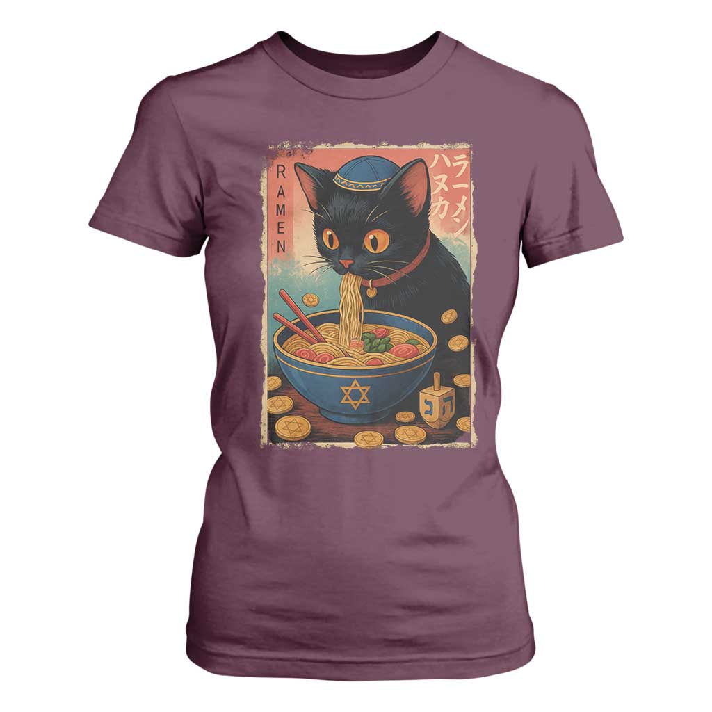 Cat Ramen Hanukkah T Shirt For Women Japanese Kawaii Anime Chanukah Cat TS11 Maroon Print Your Wear