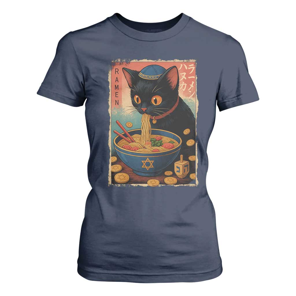 Cat Ramen Hanukkah T Shirt For Women Japanese Kawaii Anime Chanukah Cat TS11 Navy Print Your Wear