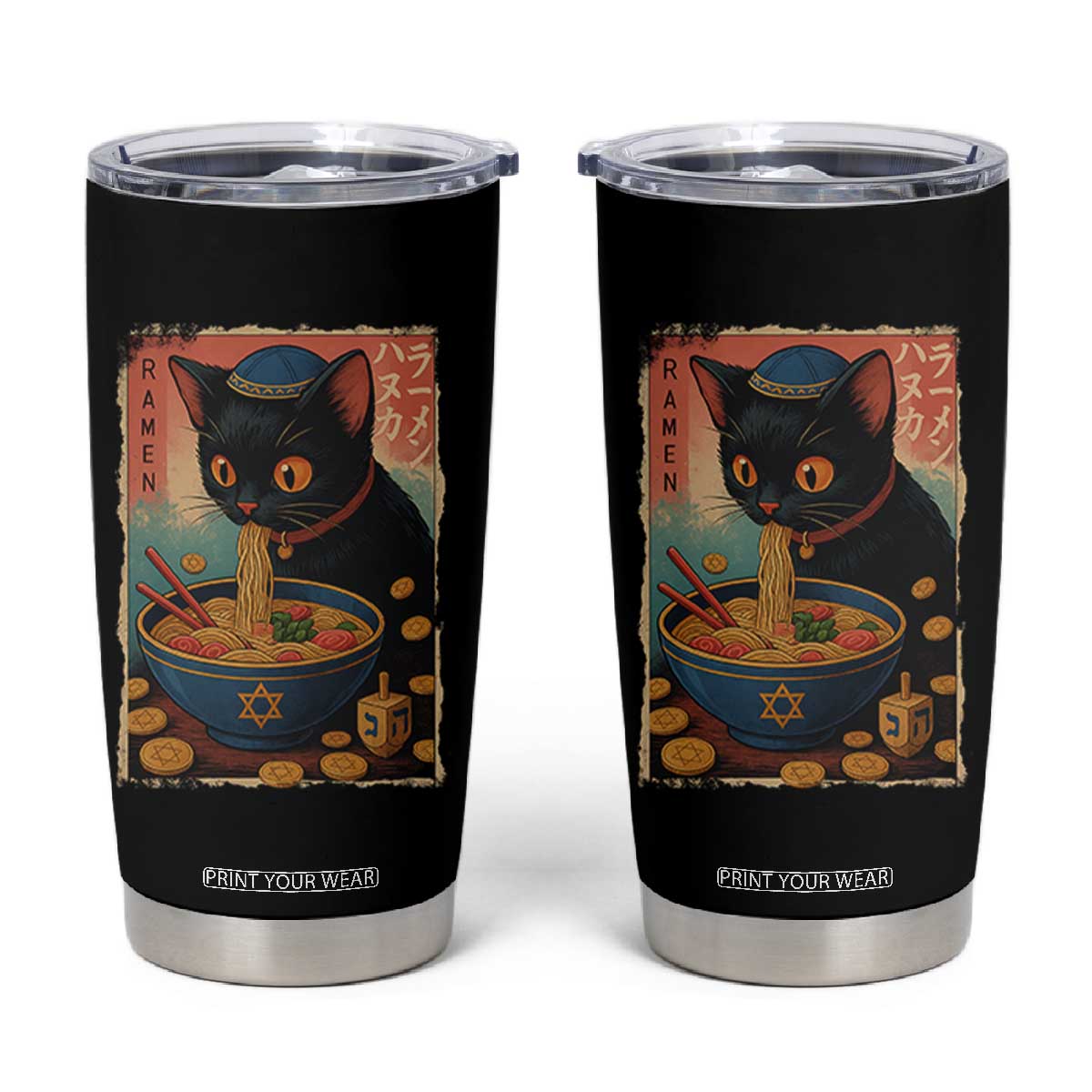 Cat Ramen Hanukkah Tumbler Cup Japanese Kawaii Anime Chanukah Cat TS11 Black Print Your Wear