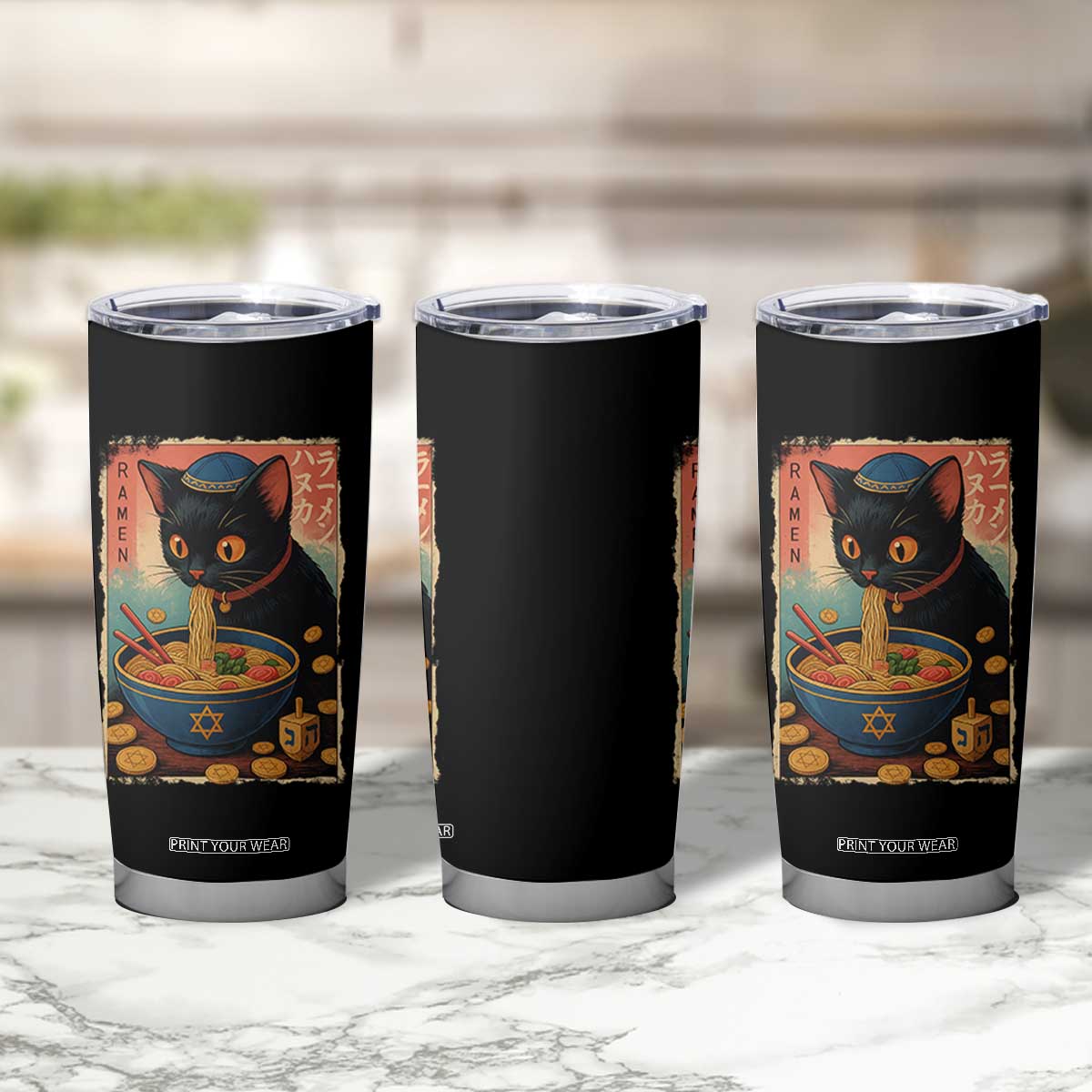 Cat Ramen Hanukkah Tumbler Cup Japanese Kawaii Anime Chanukah Cat TS11 Print Your Wear