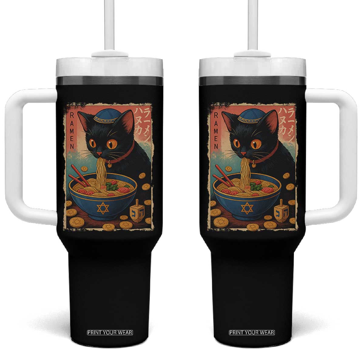 Cat Ramen Hanukkah Tumbler With Handle Japanese Kawaii Anime Chanukah Cat TS11 One Size: 40 oz Black Print Your Wear