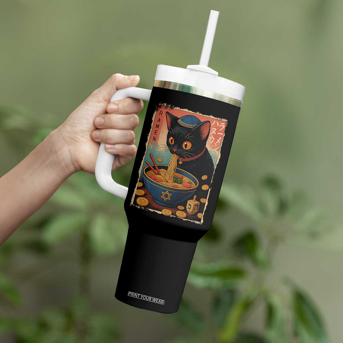 Cat Ramen Hanukkah Tumbler With Handle Japanese Kawaii Anime Chanukah Cat TS11 Print Your Wear