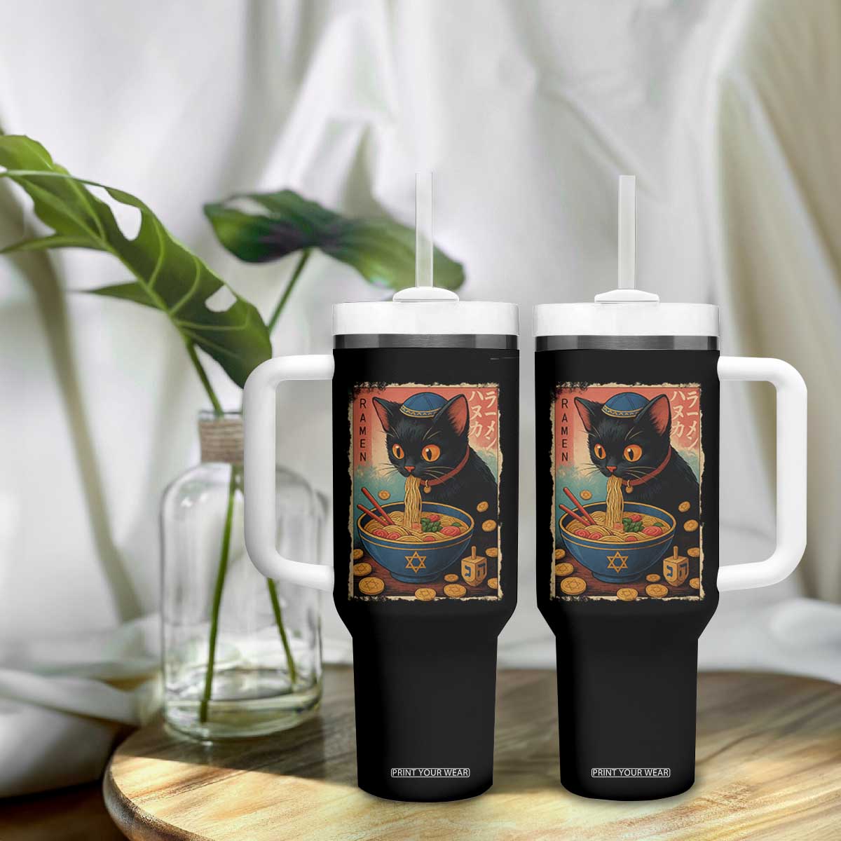 Cat Ramen Hanukkah Tumbler With Handle Japanese Kawaii Anime Chanukah Cat TS11 Print Your Wear