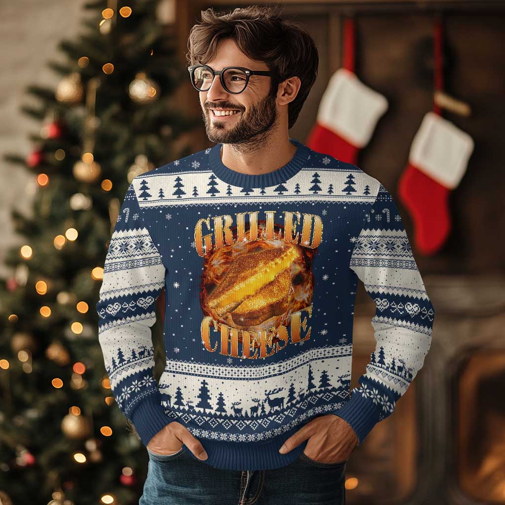 Grilled Cheese Ugly Christmas Sweater Food Lover Funny Gag Weird Meme 90s TS11 Navy Beige Print Your Wear