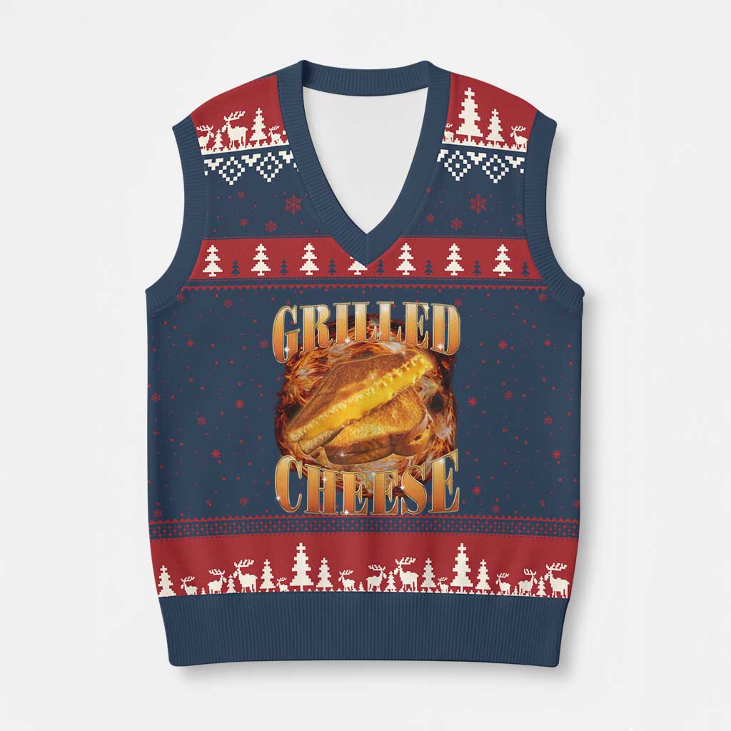 Grilled Cheese V-Neck Knit Sweater Vest Food Lover Funny Gag Weird Meme 90s TS11 Navy Red Print Your Wear