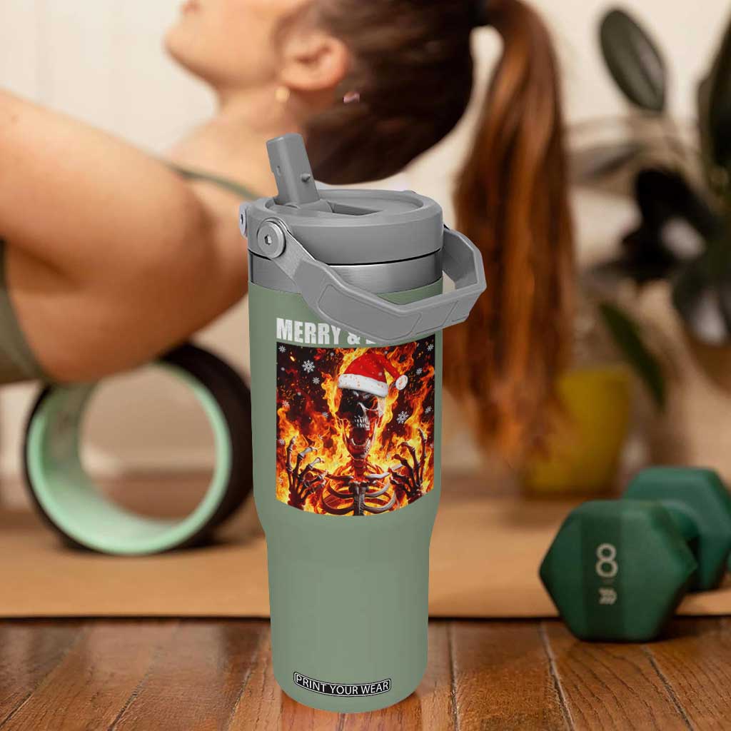 Funny Merry And Bright Flip Straw Tumbler Christmas Chaos Xmas Skeleton Fire Flames TS11 One Size: 30 oz Moss Green Print Your Wear