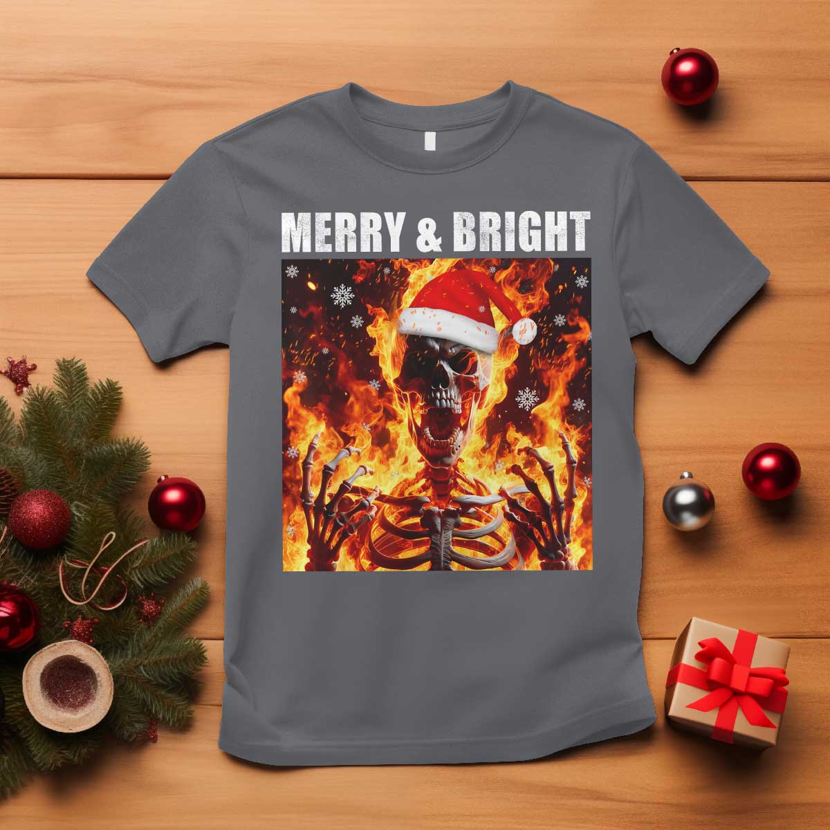 Funny Merry And Bright T Shirt Christmas Chaos Xmas Skeleton Fire Flames TS11 Charcoal Print Your Wear