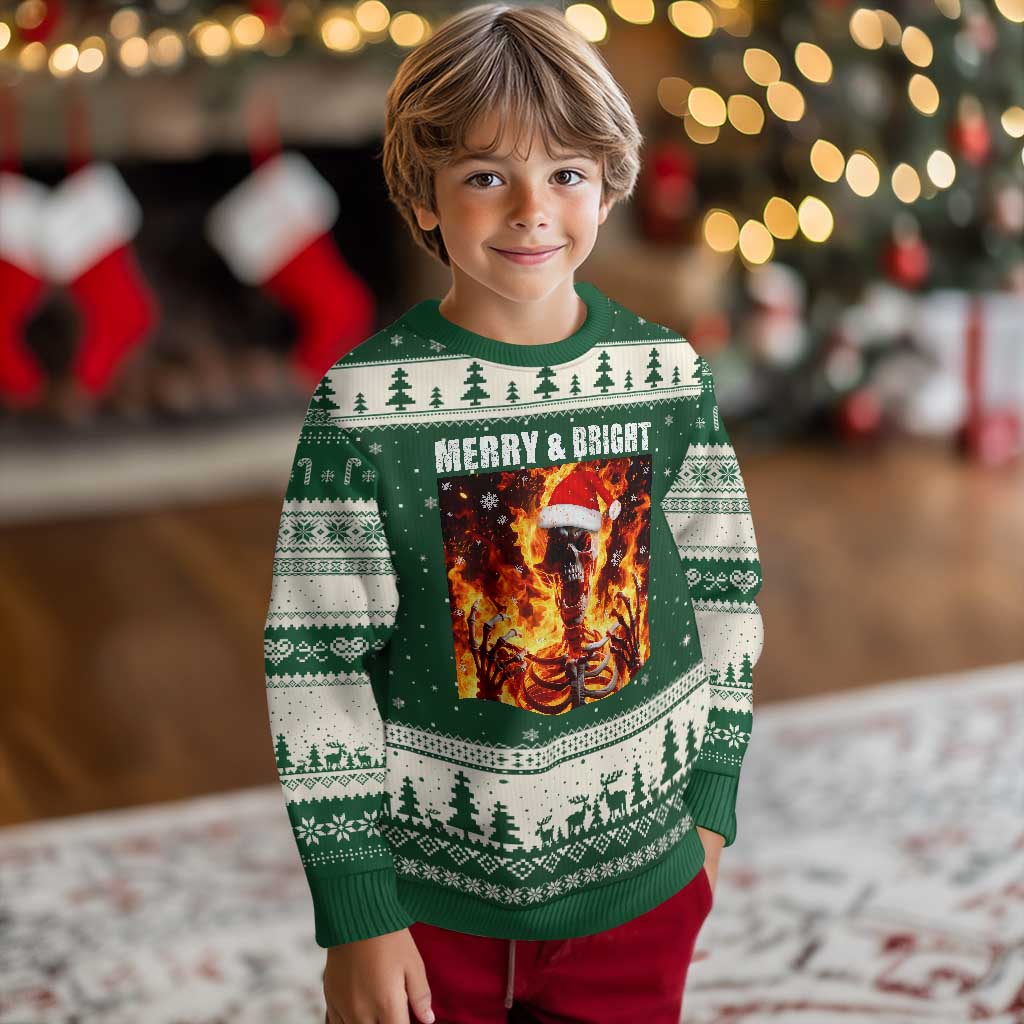 Funny Merry And Bright Ugly Christmas Sweater Christmas Chaos Xmas Skeleton Fire Flames TS11 Forest Green Beige Print Your Wear