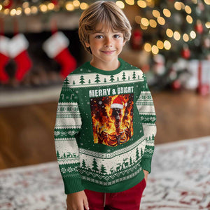 Funny Merry And Bright Ugly Christmas Sweater Christmas Chaos Xmas Skeleton Fire Flames TS11 Forest Green Beige Print Your Wear