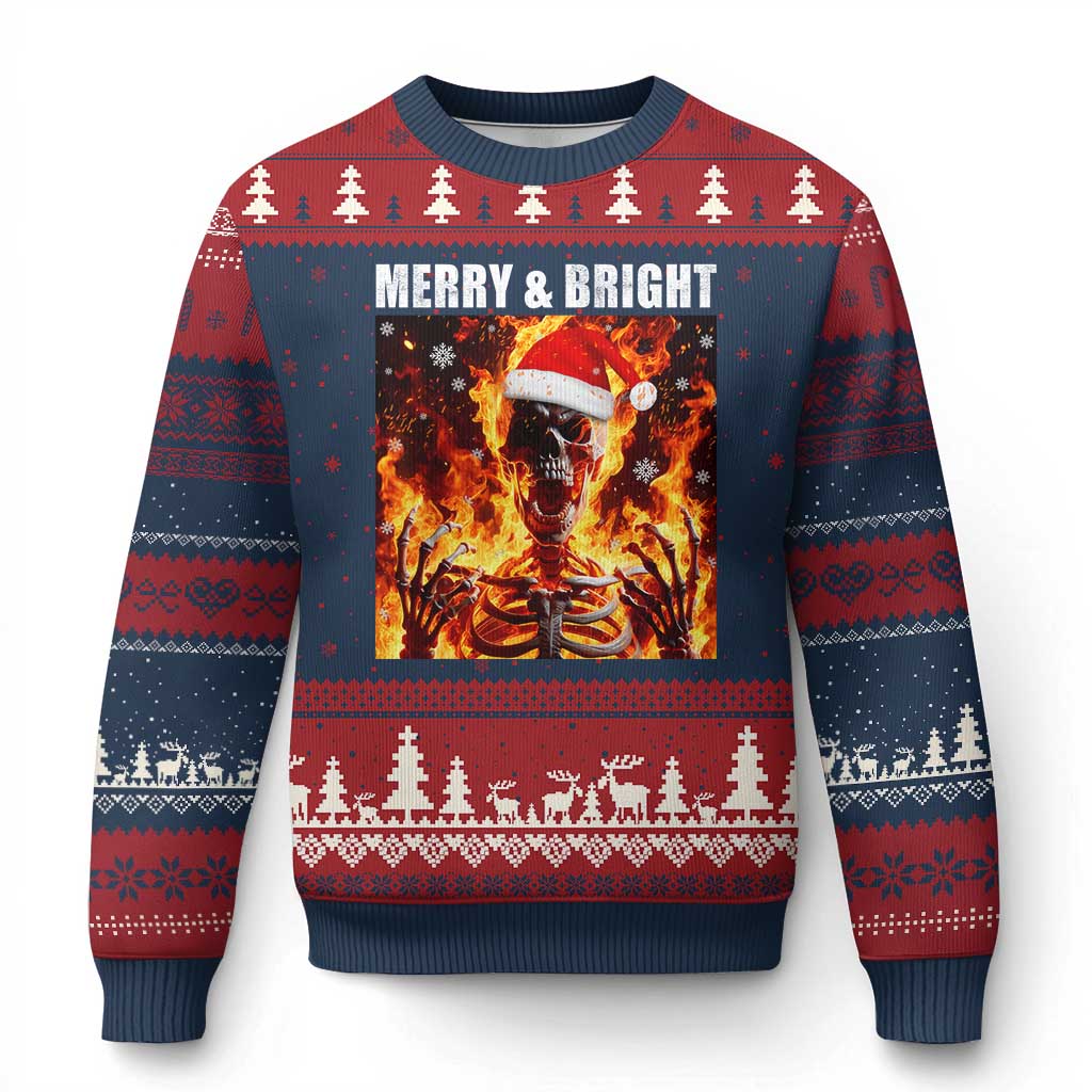 Funny Merry And Bright Ugly Christmas Sweater Christmas Chaos Xmas Skeleton Fire Flames TS11 Navy Red Print Your Wear