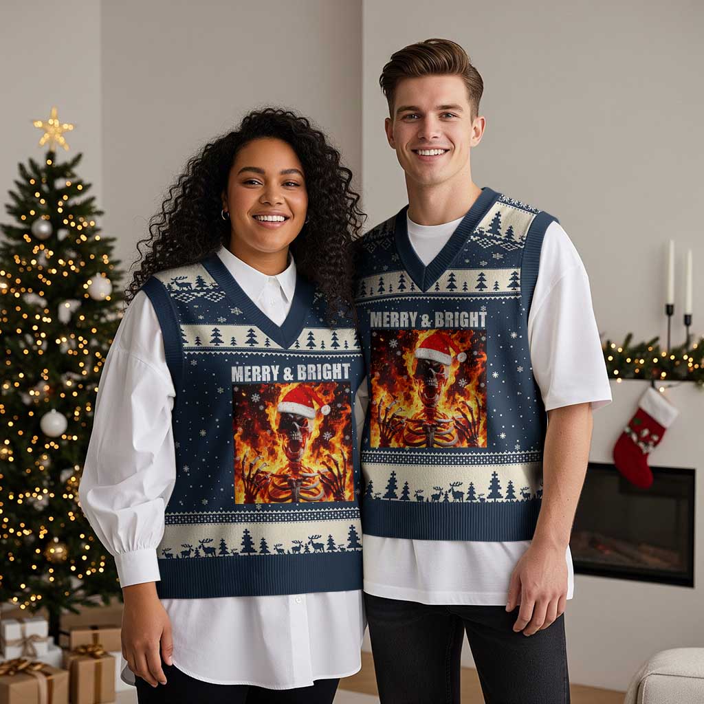 Funny Merry And Bright V-Neck Knit Sweater Vest Christmas Chaos Xmas Skeleton Fire Flames TS11 Navy Beige Print Your Wear