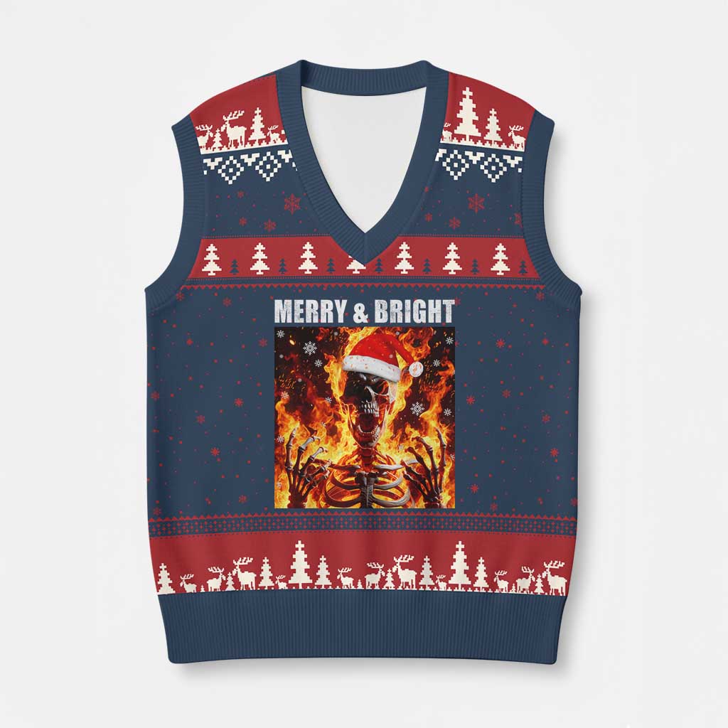 Funny Merry And Bright V-Neck Knit Sweater Vest Christmas Chaos Xmas Skeleton Fire Flames TS11 Navy Red Print Your Wear