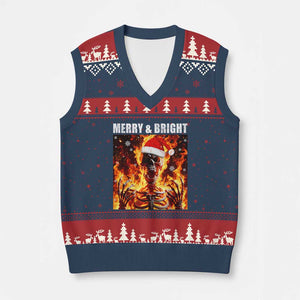 Funny Merry And Bright V-Neck Knit Sweater Vest Christmas Chaos Xmas Skeleton Fire Flames TS11 Navy Red Print Your Wear