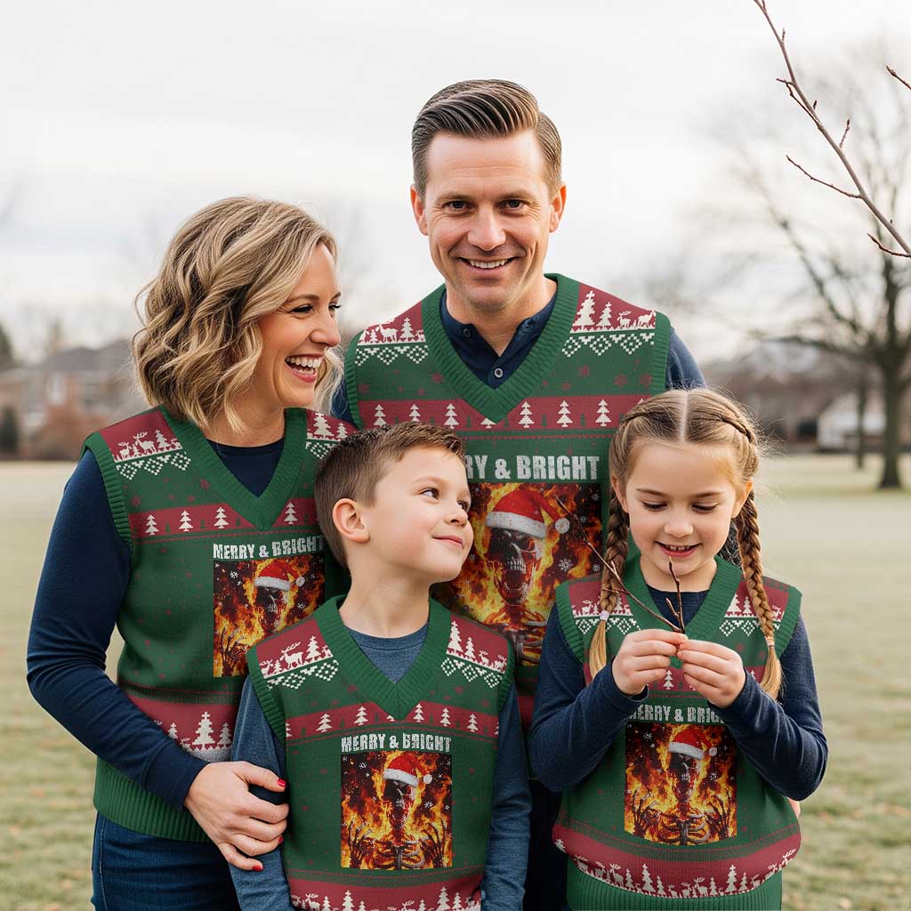 Funny Merry And Bright V-Neck Knit Sweater Vest Christmas Chaos Xmas Skeleton Fire Flames TS11 Red Green Print Your Wear