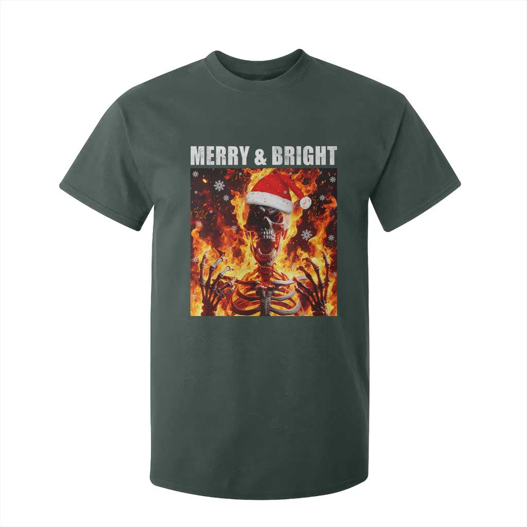 Funny Merry And Bright T Shirt For Kid Christmas Chaos Xmas Skeleton Fire Flames TS11 Dark Forest Green Print Your Wear