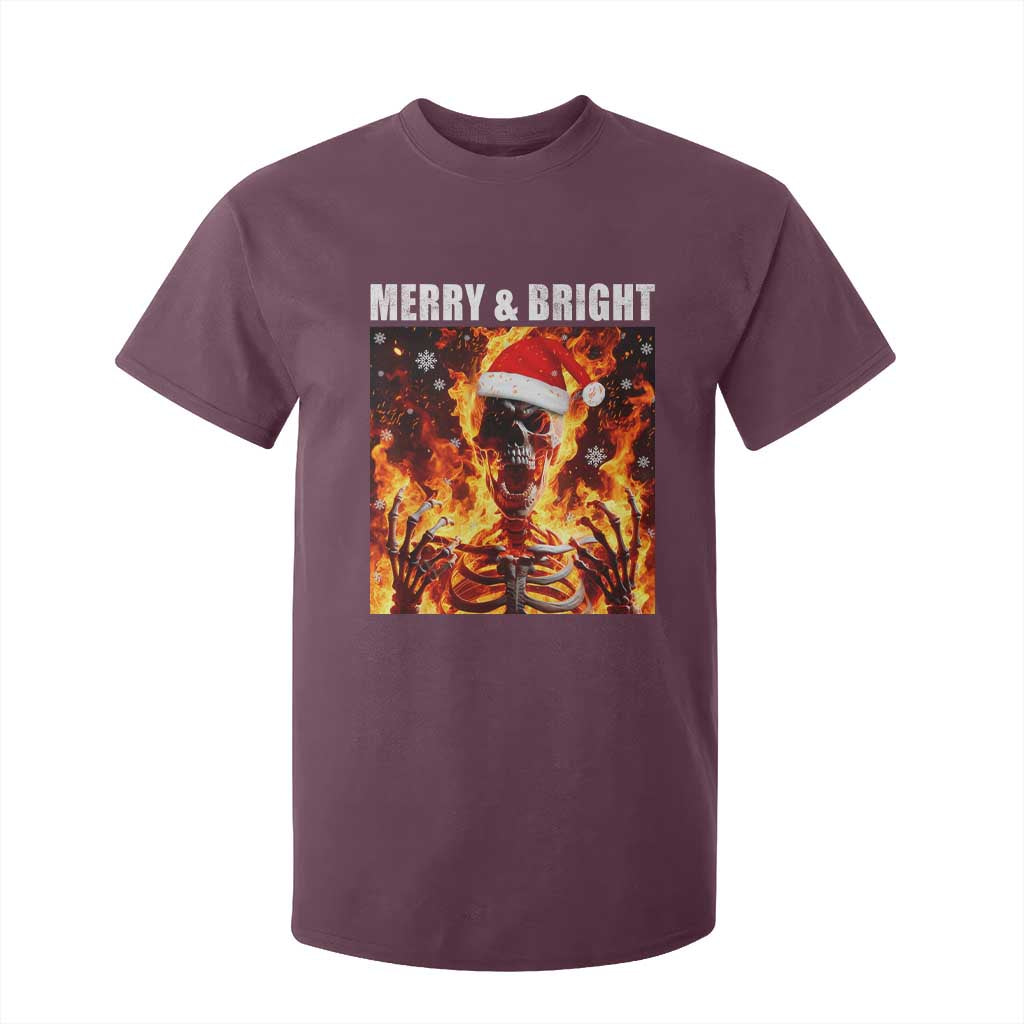 Funny Merry And Bright T Shirt For Kid Christmas Chaos Xmas Skeleton Fire Flames TS11 Maroon Print Your Wear