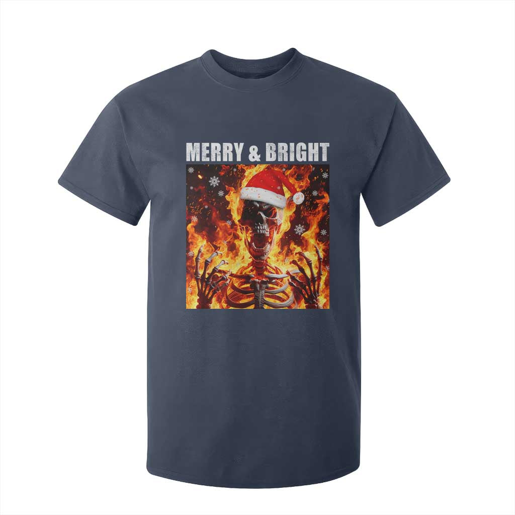 Funny Merry And Bright T Shirt For Kid Christmas Chaos Xmas Skeleton Fire Flames TS11 Navy Print Your Wear