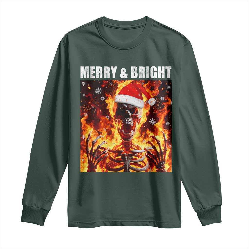 Funny Merry And Bright Long Sleeve Shirt Christmas Chaos Xmas Skeleton Fire Flames TS11 Dark Forest Green Print Your Wear