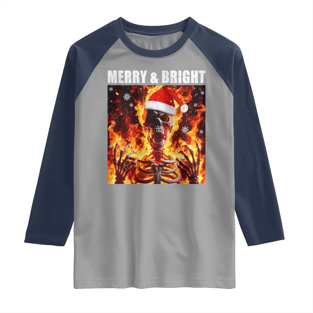 Funny Merry And Bright Raglan Shirt Christmas Chaos Xmas Skeleton Fire Flames TS11 Sport Gray Navy Print Your Wear