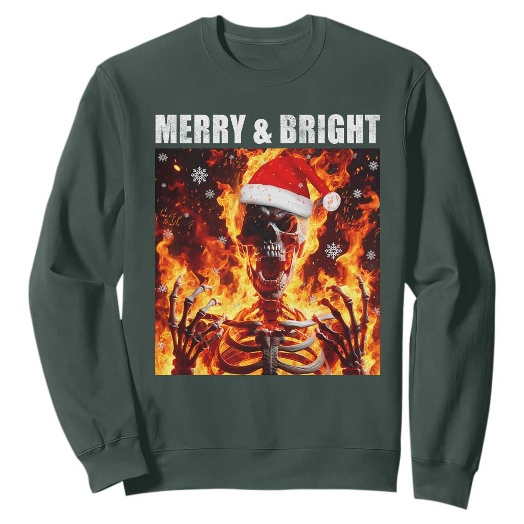 Funny Merry And Bright Sweatshirt Christmas Chaos Xmas Skeleton Fire Flames TS11 Dark Forest Green Print Your Wear