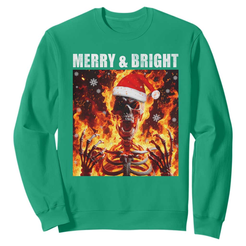 Funny Merry And Bright Sweatshirt Christmas Chaos Xmas Skeleton Fire Flames TS11 Irish Green Print Your Wear