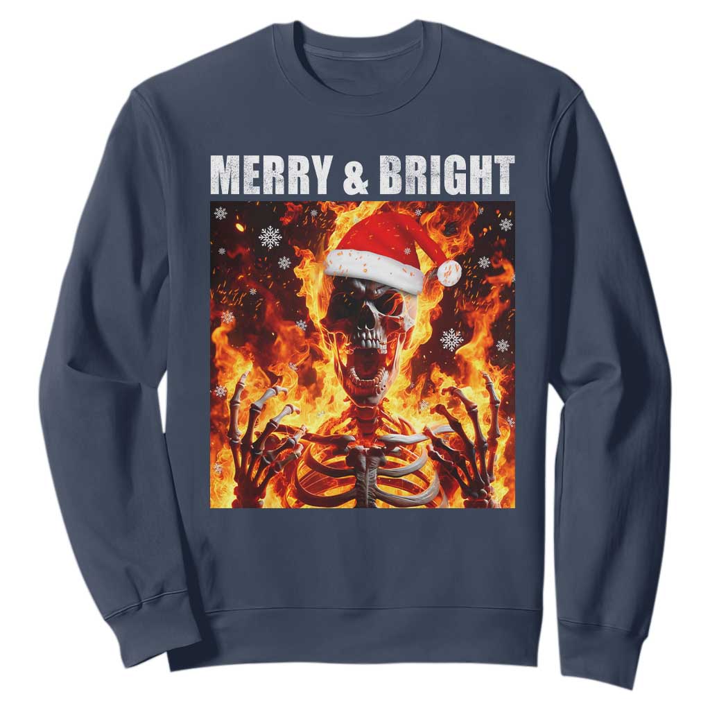 Funny Merry And Bright Sweatshirt Christmas Chaos Xmas Skeleton Fire Flames TS11 Navy Print Your Wear