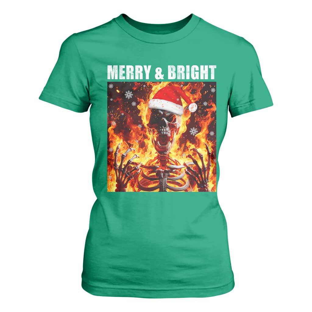 Funny Merry And Bright T Shirt For Women Christmas Chaos Xmas Skeleton Fire Flames TS11 Irish Green Print Your Wear