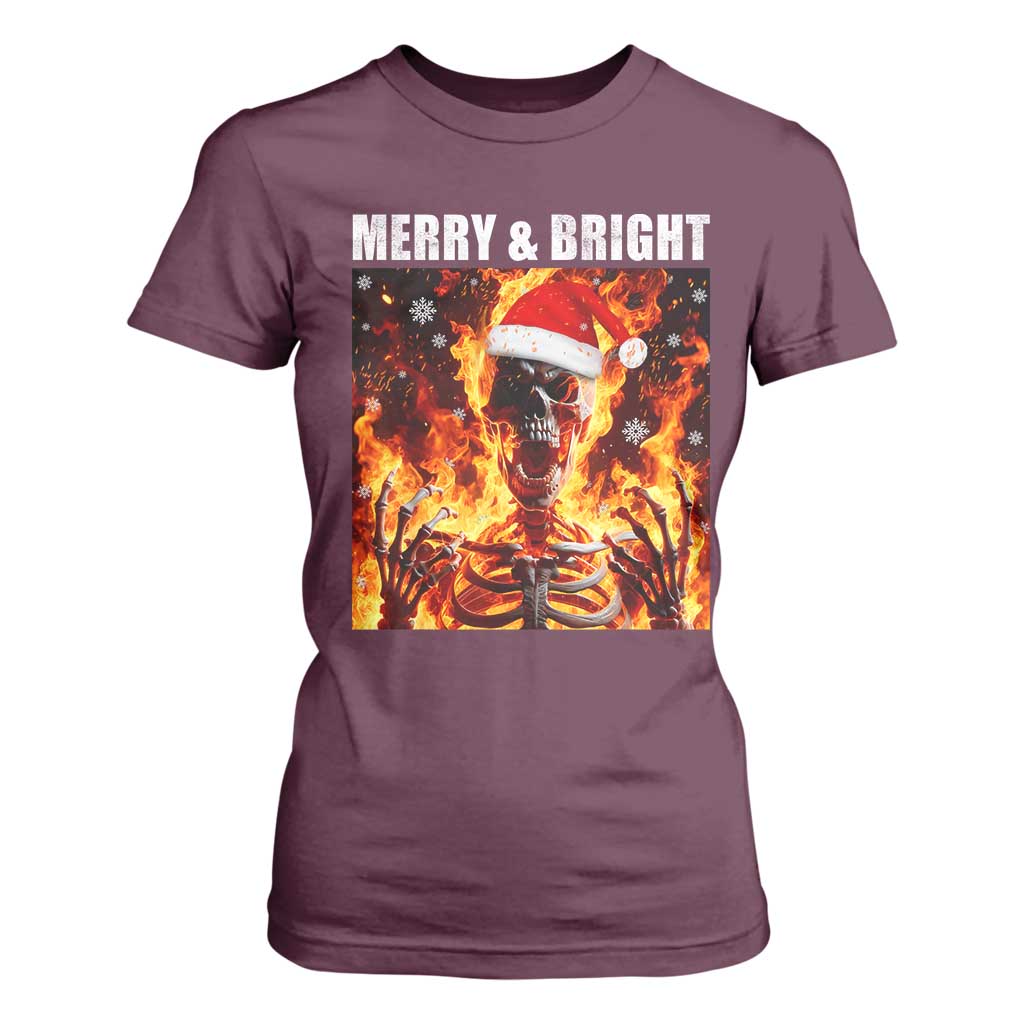 Funny Merry And Bright T Shirt For Women Christmas Chaos Xmas Skeleton Fire Flames TS11 Maroon Print Your Wear