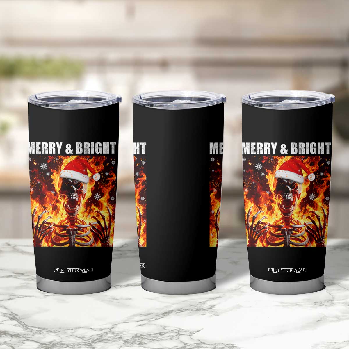 Funny Merry And Bright Tumbler Cup Christmas Chaos Xmas Skeleton Fire Flames TS11 Print Your Wear