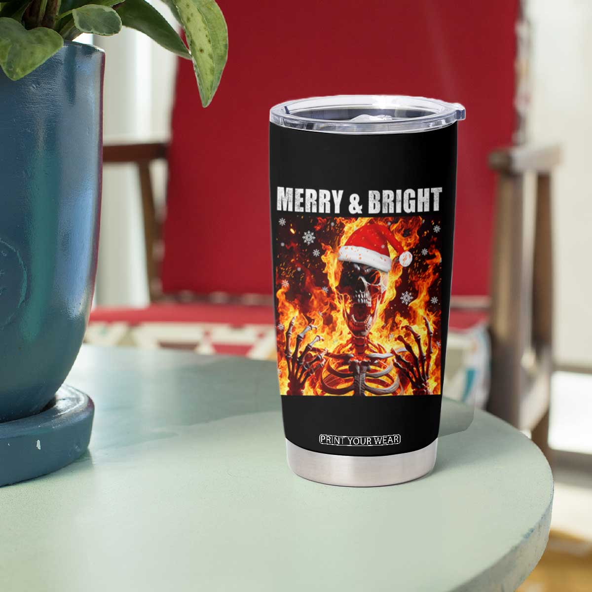 Funny Merry And Bright Tumbler Cup Christmas Chaos Xmas Skeleton Fire Flames TS11 Print Your Wear