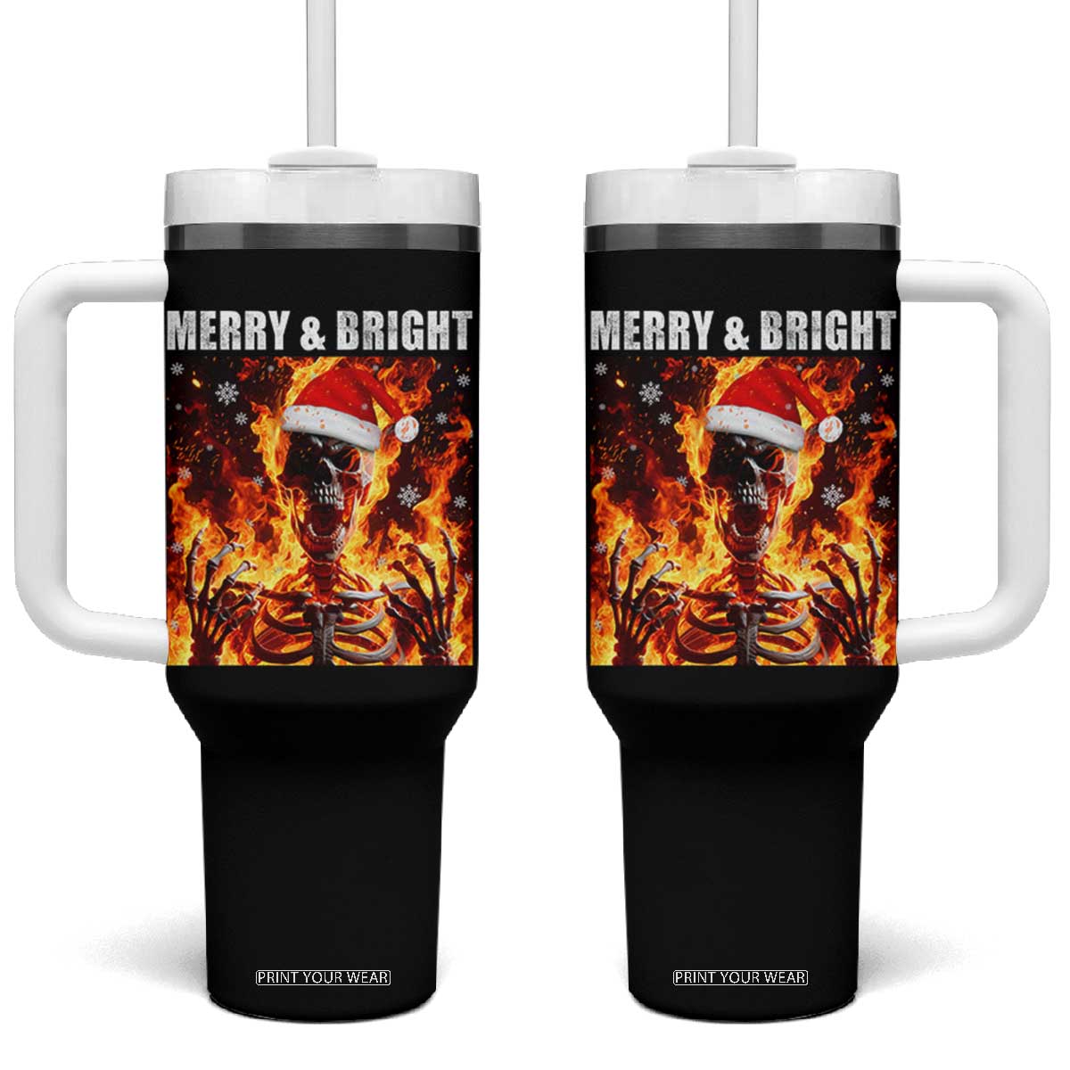 Funny Merry And Bright Tumbler With Handle Christmas Chaos Xmas Skeleton Fire Flames TS11 One Size: 40 oz Black Print Your Wear