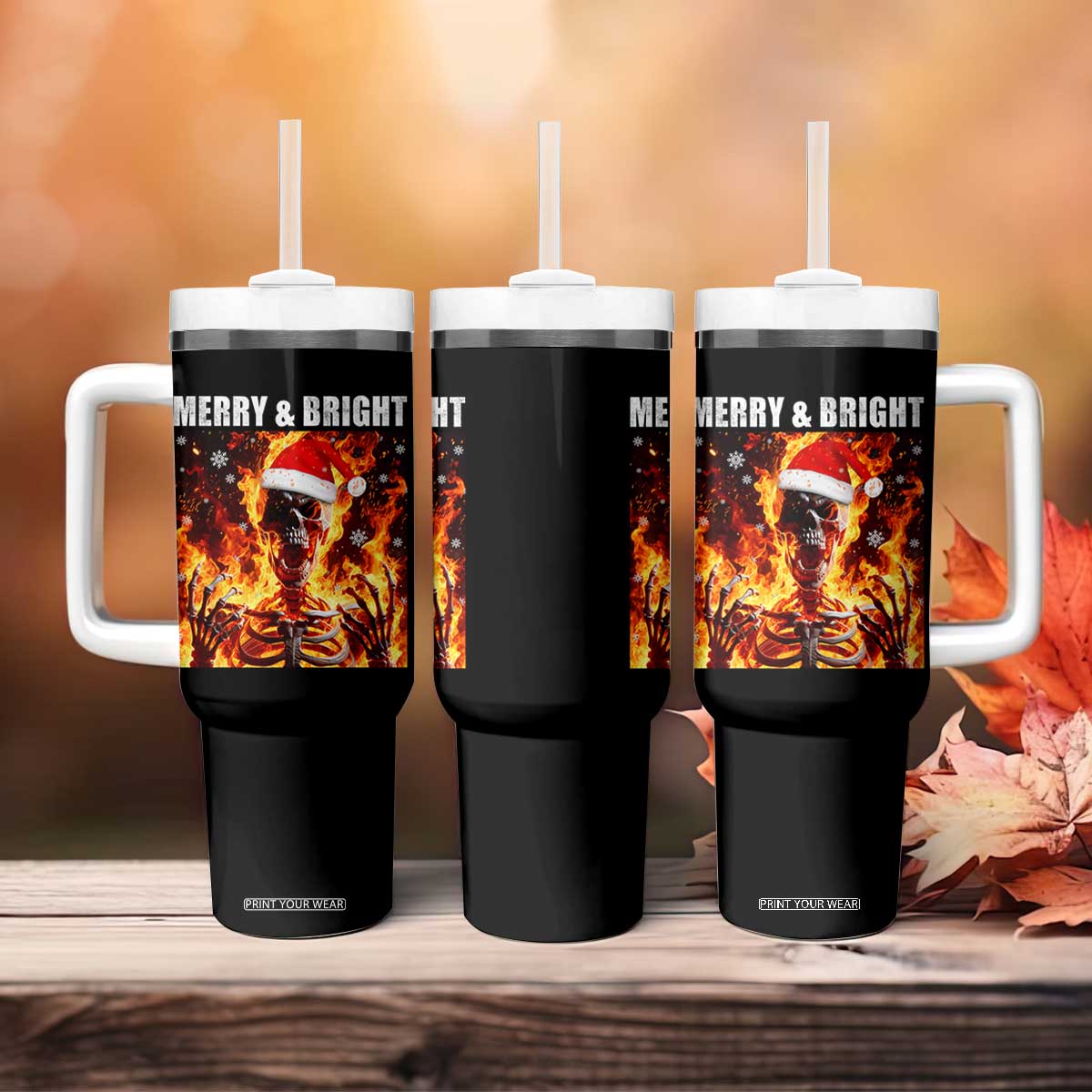 Funny Merry And Bright Tumbler With Handle Christmas Chaos Xmas Skeleton Fire Flames TS11 Print Your Wear