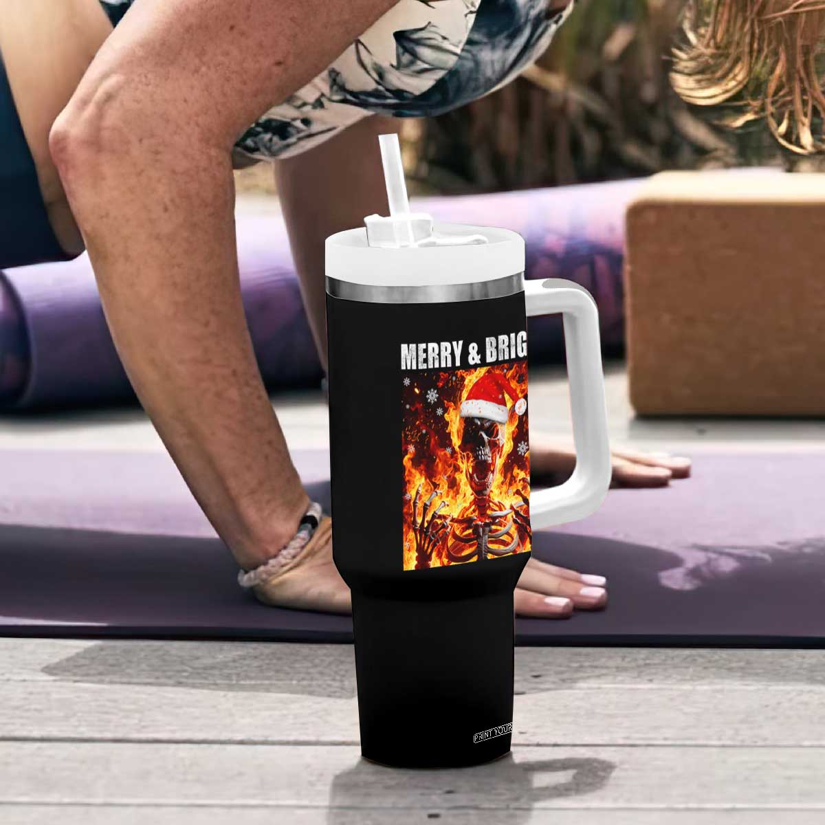 Funny Merry And Bright Tumbler With Handle Christmas Chaos Xmas Skeleton Fire Flames TS11 Print Your Wear