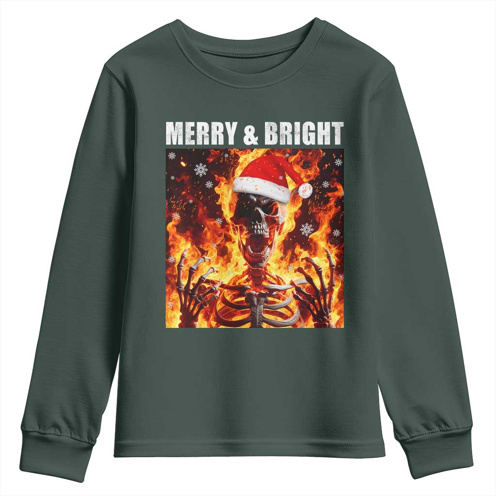 Funny Merry And Bright Youth Sweatshirt Christmas Chaos Xmas Skeleton Fire Flames TS11 Dark Forest Green Print Your Wear