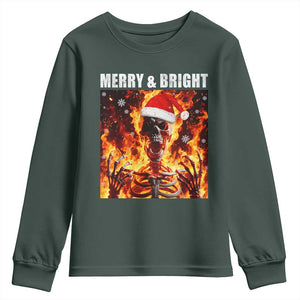 Funny Merry And Bright Youth Sweatshirt Christmas Chaos Xmas Skeleton Fire Flames TS11 Dark Forest Green Print Your Wear