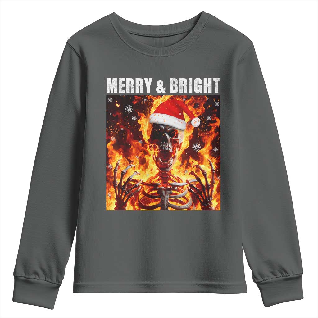 Funny Merry And Bright Youth Sweatshirt Christmas Chaos Xmas Skeleton Fire Flames TS11 Dark Heather Print Your Wear