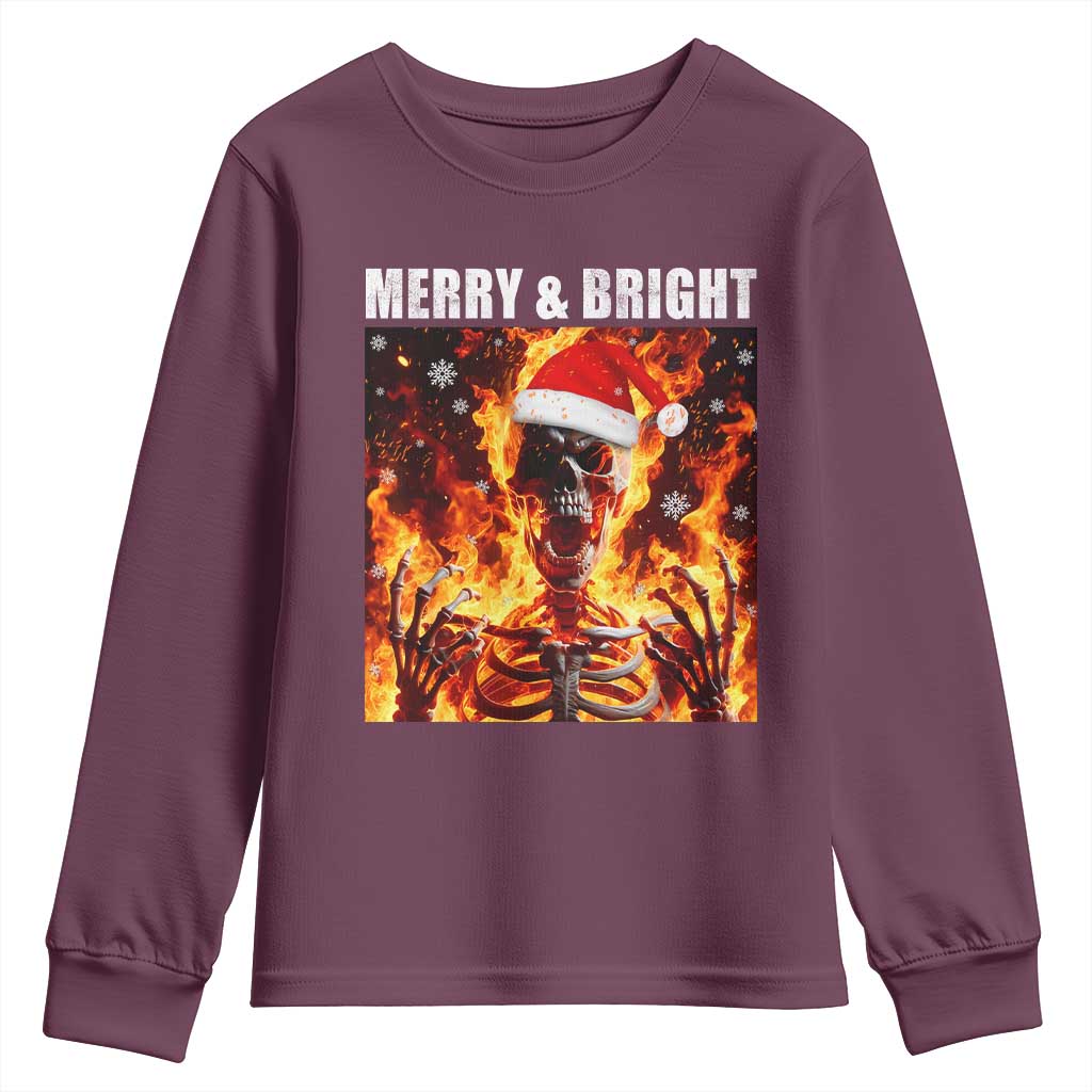 Funny Merry And Bright Youth Sweatshirt Christmas Chaos Xmas Skeleton Fire Flames TS11 Maroon Print Your Wear