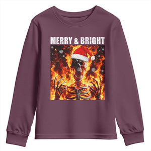 Funny Merry And Bright Youth Sweatshirt Christmas Chaos Xmas Skeleton Fire Flames TS11 Maroon Print Your Wear