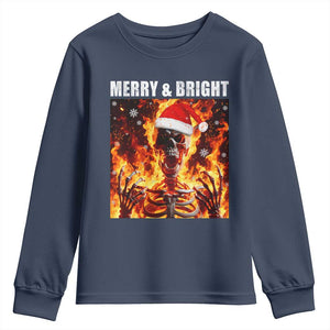 Funny Merry And Bright Youth Sweatshirt Christmas Chaos Xmas Skeleton Fire Flames TS11 Navy Print Your Wear