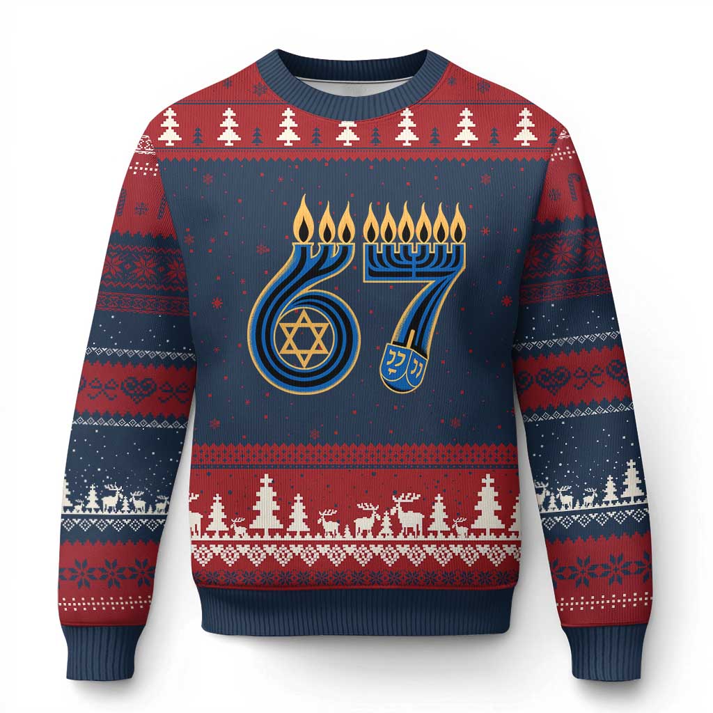 Funny 67 Hanukkah Ugly Christmas Sweater Chanukah Menorah Dreidel Star Of David Six Seven Meme TS11 Navy Red Print Your Wear