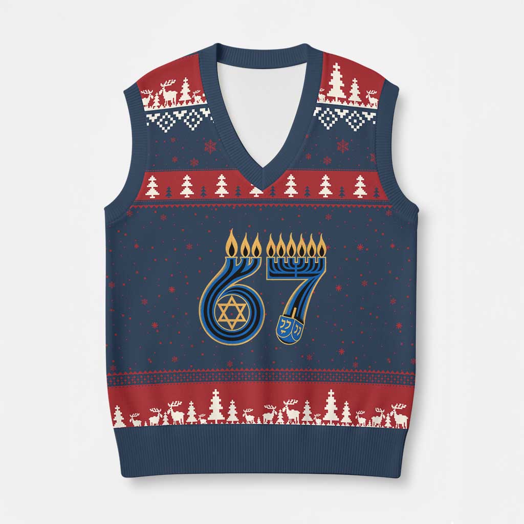 Funny 67 Hanukkah V-Neck Knit Sweater Vest Chanukah Menorah Dreidel Star Of David Six Seven Meme TS11 Navy Red Print Your Wear