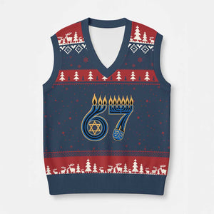 Funny 67 Hanukkah V-Neck Knit Sweater Vest Chanukah Menorah Dreidel Star Of David Six Seven Meme TS11 Navy Red Print Your Wear