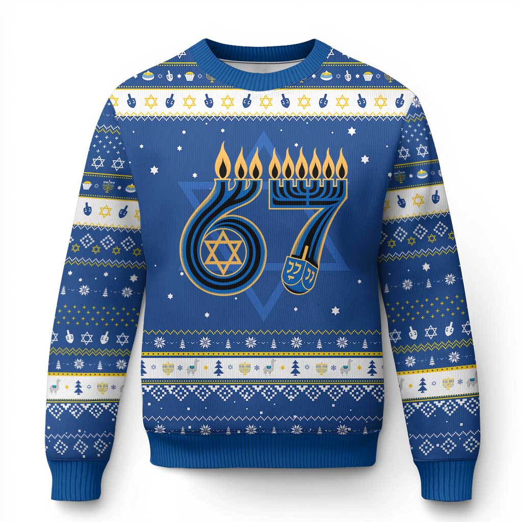 Funny 67 Chanukah Hanukkah Ugly Sweater Menorah Dreidel Star Of David Six Seven Meme TS11 Blue White Print Your Wear