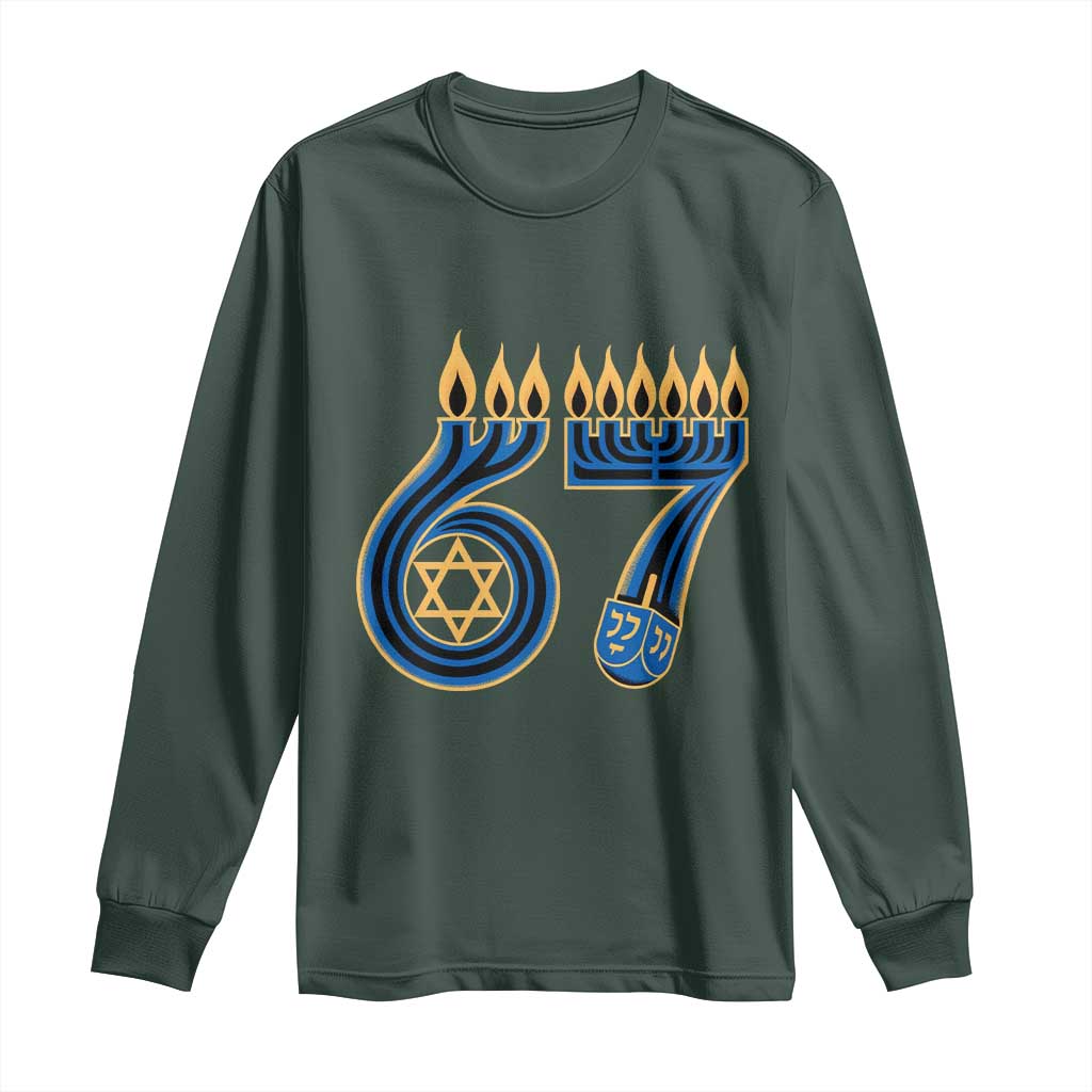 Funny 67 Hanukkah Long Sleeve Shirt Chanukah Menorah Dreidel Star Of David Six Seven Meme TS11 Dark Forest Green Print Your Wear