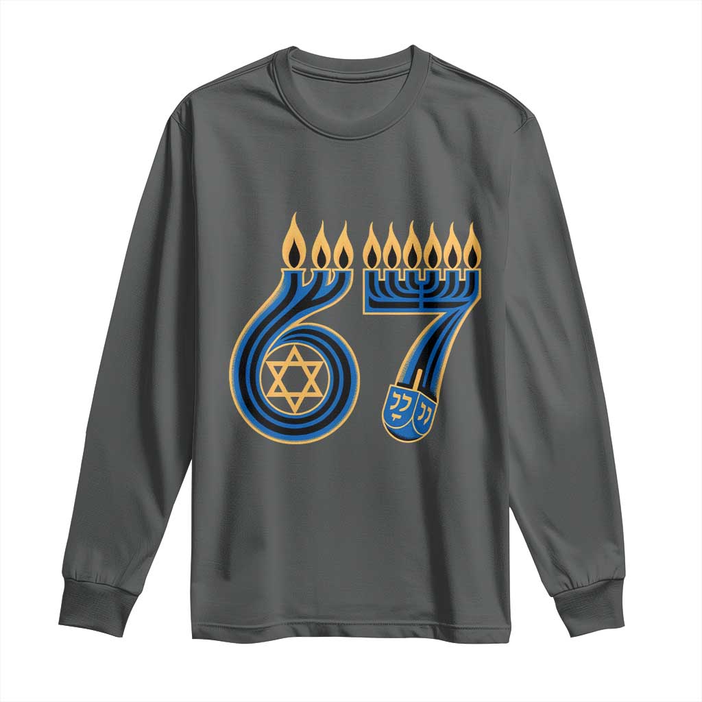 Funny 67 Hanukkah Long Sleeve Shirt Chanukah Menorah Dreidel Star Of David Six Seven Meme TS11 Dark Heather Print Your Wear